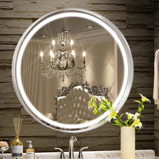 Hasipu 24 Inch Round LED Mirror for Bathroom with Lights, Silver Circular Vanity Mirror for Wall, Metal Framed Frontlit Bathroom Mirrors Anti-Fog, Dimmable, 3 Colors Makeup Shaving Mirror Wall Mounted