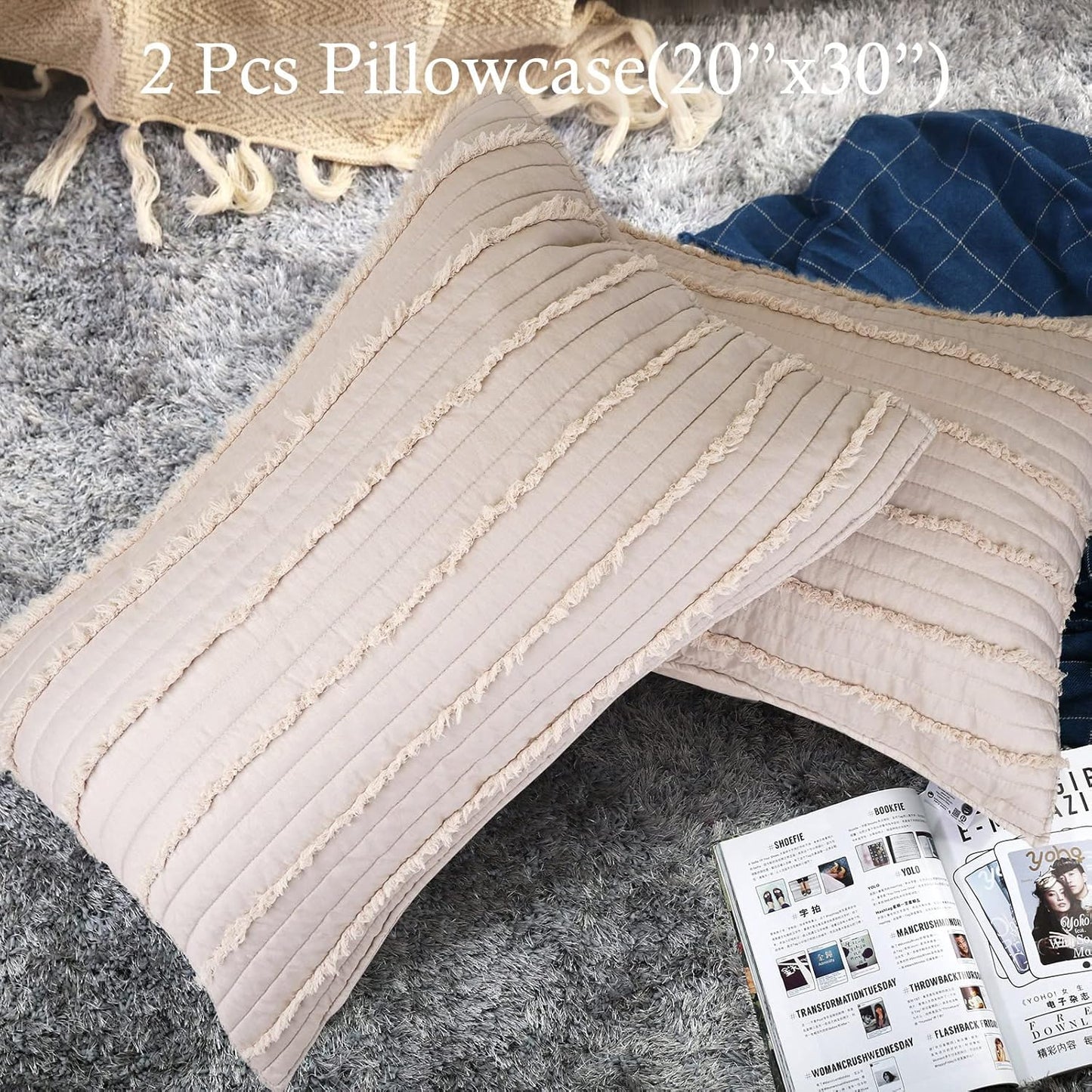 BOSOWOS Queen Size Pillow Shams Set of 2, Ultra Soft Breathable 20 x 30 Inches Pillow Case Envelope Closure, Microfiber Farmhouse Bed Pillowcases for Easy Care, Khaki