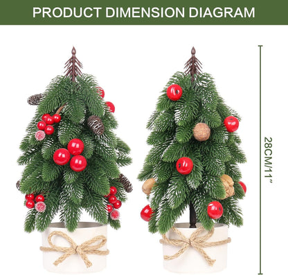 2PCS Small Christmas Tree, Artificial Red Berry Pinecone Mini Tabletop Christmas Tree Decorations, for Wedding Holiday Indoor Xmas Party Decor.
