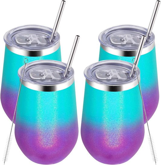 MEWAY 12oz Insulated Wine Tumbler Set of 4 - Double Wall Stainless Steel Stemless Wine cups Glasses with Lids, Gift for Family and Gifts, Prizes for adults(Glitter Aurora,Set of 4)