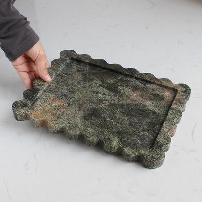 Natural Luxury Scalloped Marble Tray 10.8"x8", Rectangle Vanity Tray for Bathroom Kitchen Counter, Decorative Tray for Dresser Home Decor - Rainforest Green