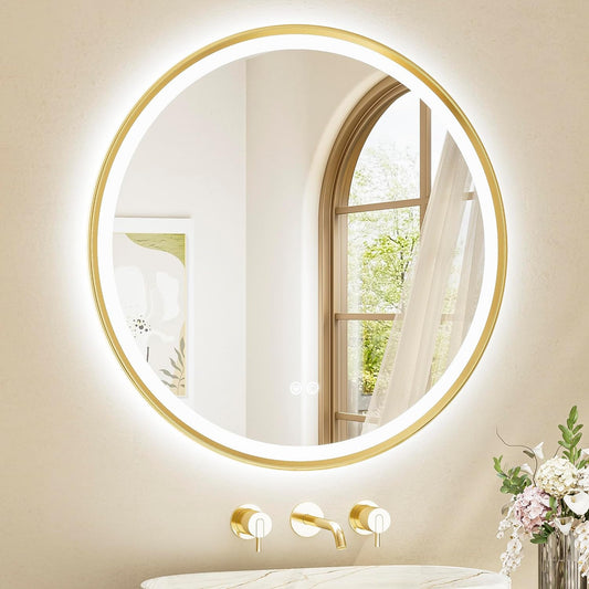 TETOTE Gold Round Led Mirror with Lights 30 Inch Metal Framed Round Circle Lighted Bathroom Vanity Mirror Wall Mounted, Front and Backlit 3 Color Stepless Dimmable Anti Fog, Shatterproof, CRI 90+