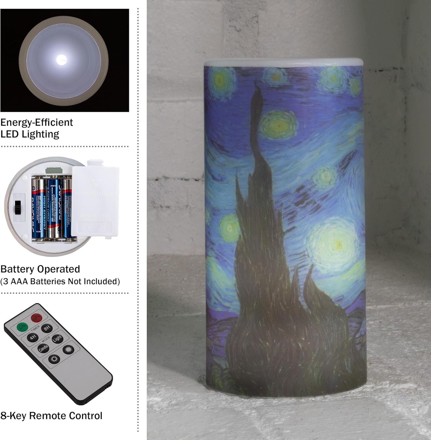 Lavish Home Flameless Candles - 2-Pack Van Gogh Starry Night Battery Operated Candles with Remote and Flickering Light for Home Décor