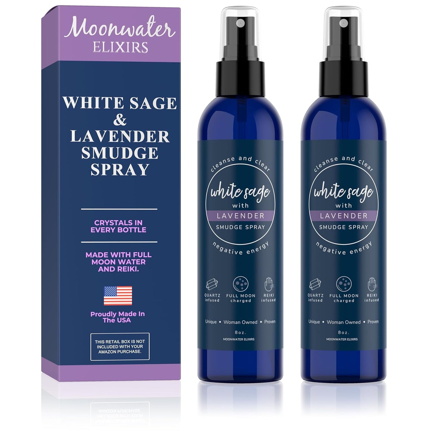 White Sage Smudge Spray for Spiritual Cleansing & Aura Protection, Sage & Lavender Smudging - Cleansing Negative Energy & Protection, Clear Quartz Reiki Energized Aromatherapy Room Mist 2X 8oz