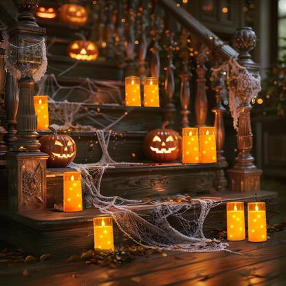 Homemory Flameless Candles with Embedded Star String Fairy Lights, Battery Operated Candles, LED Candle, Fake Candles with Remote Control and Timer, Orange, Set of 2(H 6" 6")