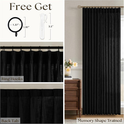 Black Linen Semi Sheer Curtains 96 Inches Long for Living Room Bedroom Light Filtering Black Textured Burlap Pinch Pleated Curtains 96 Length Hooks Rings Back Tab for Sliding Glass Door 1 Panel