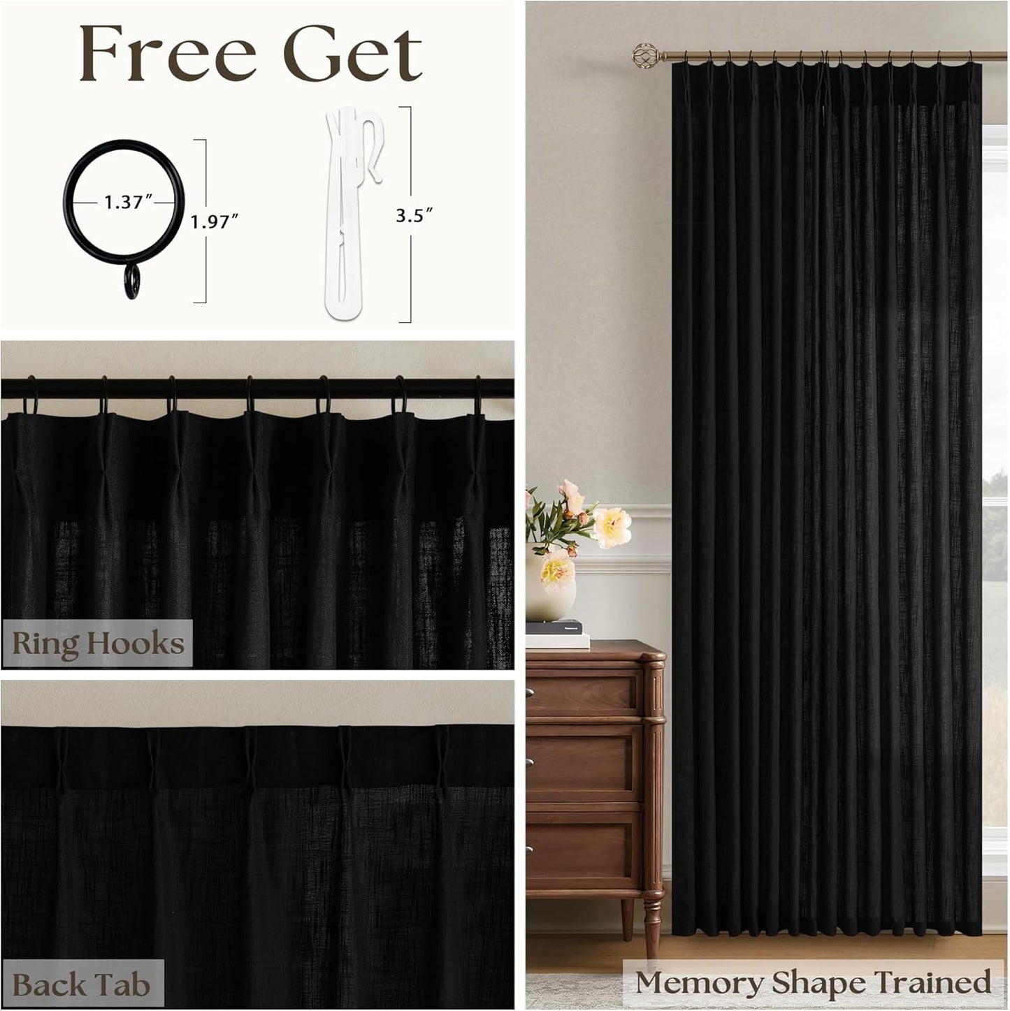 Black Pinch Pleat Linen Curtains 120 Inches Long 70 Inch Wide Neutral Patio Sliding Door Light Filtering Semi Sheer Pleated Drapes Back Tab Extra Wide 70 x 120 Curtain for Living Dining Room 1 Panel