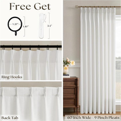 Ivory White Pinch Pleated Linen Curtains 1 Panel for Living Room Bedroom Memory Training Shaped Semi Sheer Pleat Drapes Hooks Rings Light Filtering Non See Through Window Curtain Sliding Door 60x108