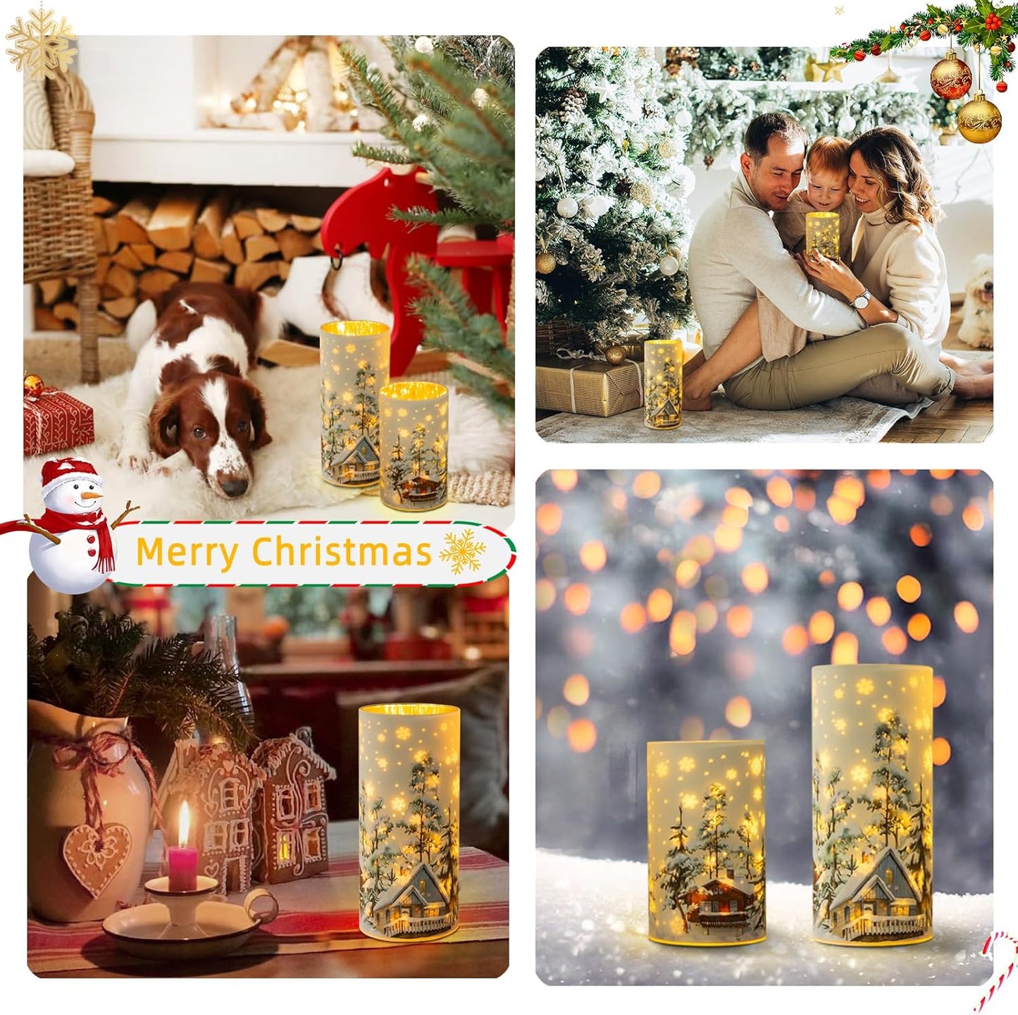 Christmas Decorations Indoor,Mercury Glass Lights with Timer,Battery Powered Fairy Light,LED Candles with Snowflake Carvings,for Table Centerpiece Home Decor (White)