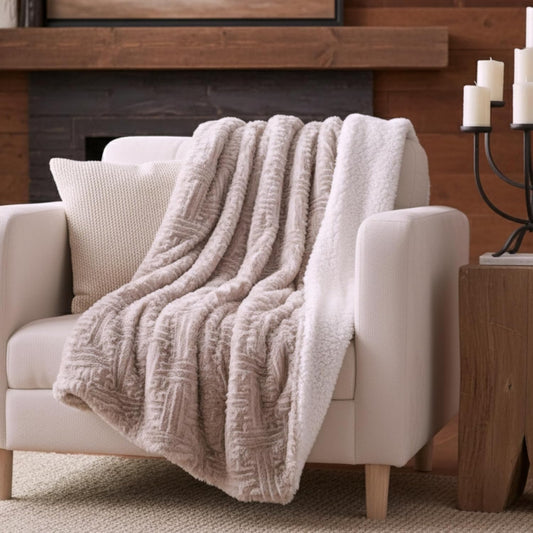 DaDa Bedding Lavender Grey Faux Fur Throw Blanket - Dreamy Geometric Embossed Sherpa Backside - Super Soft Warm Cozy Plush Fluffy - 50" x 60"