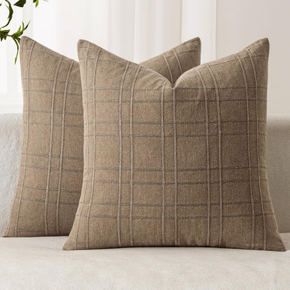 MIULEE Decorative Linen Check Throw Pillow Covers Neutral Farmhouse Vintage Pillow Covers 16x16 Set of 2 Boho Modern Winter Home Decor for Sofa Couch Bedroom Cushion Light Brown