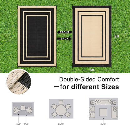 OLANLY Outdoor Rug 6x9 ft Waterproof, Reversible Outdoor Plastic Straw Rug, RV Mat, Indoor Outdoor Carpet Clearance for Patio, Camping, Balcony, Deck, Backyard, Black & Beige