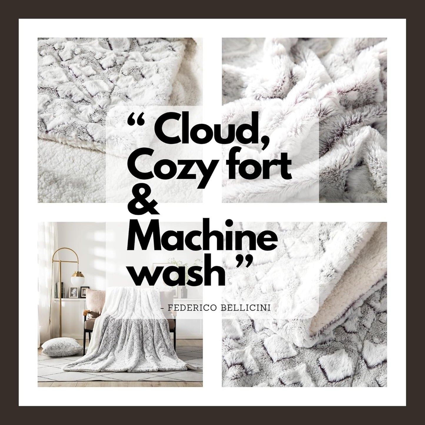 DaDa Bedding Luxury White Faux Fur Throw Blanket - Dreamy Milky Way Cloud Purple Undertone Embossed Sherpa Backside - Super Soft Warm Cozy Plush Fluffy - 90" x 90"