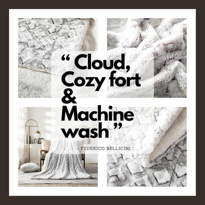 DaDa Bedding Luxury White Faux Fur Throw Blanket - Dreamy Milky Way Cloud Purple Undertone Embossed Sherpa Backside - Super Soft Warm Cozy Plush Fluffy - 90" x 90"