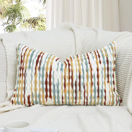 Boho Decorative Throw Pillow Covers 12x20 Inch, Chenille Tufted Pillow Cover Stripe Textured Lumbar Farmhouse Accent Pillowcase for Couch Sofa Bedroom Living Room, Red White Khaki Grey 1 Pack