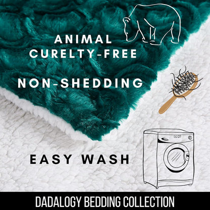 DaDa Bedding Lavish Emerald Teal Green Faux Fur Fuzzy Throw Blanket - Mermaid Scales Design White Sherpa Backside - Soft Warm Plush Bright Vibrant Jewel Tones Embossed for Bed/Couch - 50" x 60"