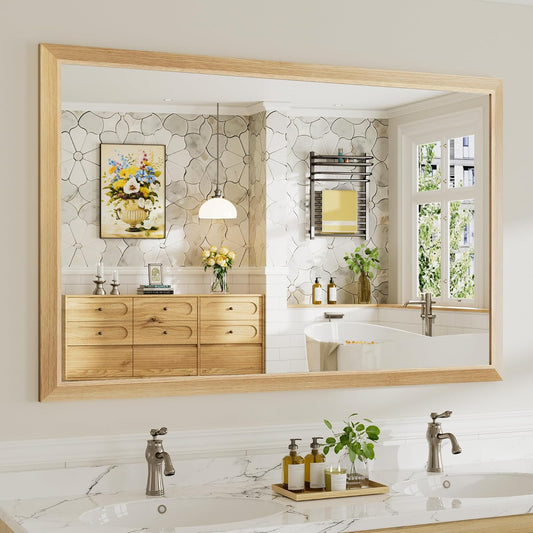 55x36 Inch Bathroom Mirror for Wall, Anti-Rust Oak Wood Grain Metal Framed Bathroom Mirrors for Over Sink,Rectangler Mirrors for Bathroom Vanity, Farmhouse, Bedroom, Living Room, Entryway Decor