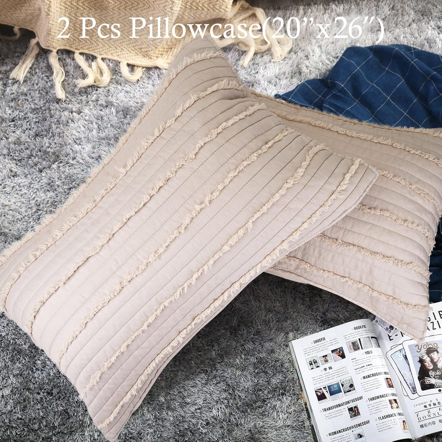 BOSOWOS Standard Size Pillow Shams Set of 2, Ultra Soft Breathable 20 x 26 Inches Pillow Case Envelope Closure, Microfiber Boho Farmhouse Pillowcases for Easy Care, Khaki