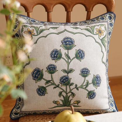 patdrea Designer Throw Pillow Covers Set of 2,Blue Euro Elegant Linen with Blooming Floral Pattern Pillow Cover,Decorative Square Pillowcases Cushion for Bed Living Room Outdoor Car,18"x18"