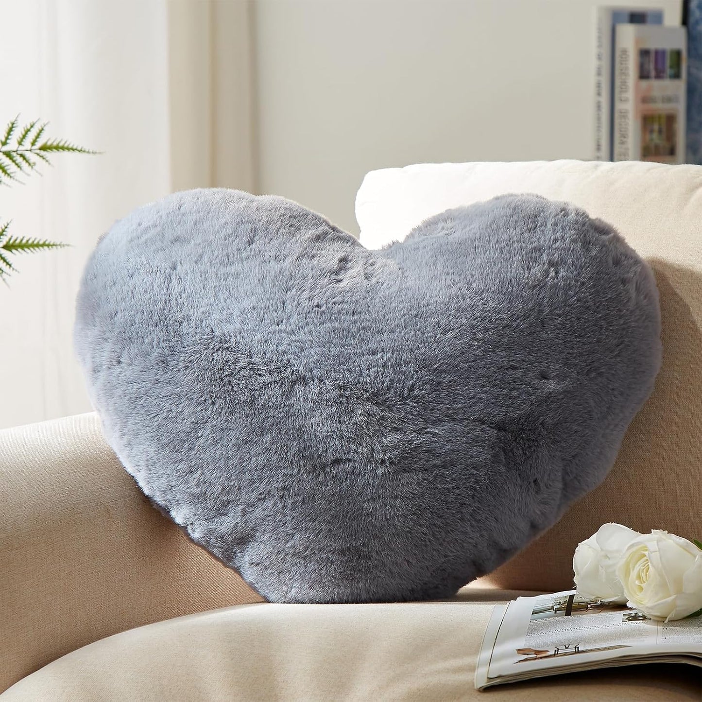 YRXRUS Heart Pillows, Love Heart Shaped Pillow, Small Cute Grey Heart Pillows for Gifts, Faux Rabbit Throw Pillows for Her, Kids, Girls Home Decoration, 10X11 Inch