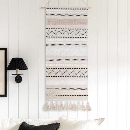 BlissBlush Long Vertical Wall Hanging Tapestry Woven Boho Farmhouse Decor Black Beige Cream Tassel Handmade Wall Art Decoration for Bedroom Living Room Dorm Nursery Apartment, 16x39 INCH