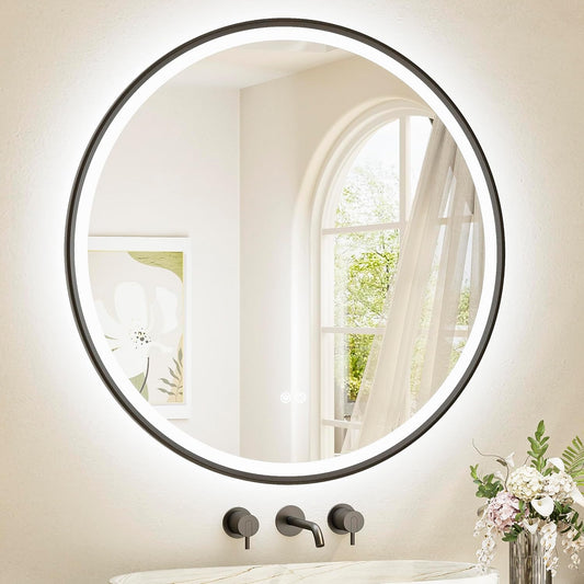 TETOTE Round Led Lighted Bathroom Mirror Matte Black Frame 36 Inch Front and Backlit Circle Round Light up Vanity Mirror with Lights, 3 Color Illuminated Dimmable Anti Fog Wall Mount, IP54 CRI 90+