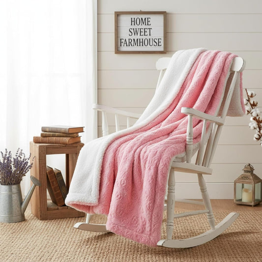 DaDa Bedding Luxury Faux Fur Throw Blanket - [ Non Shedding - Machine Washable] Fluffy Super Cuddly Soft Roses Sherpa Backside - Warm Plush for Lap or Sofa - Bright Vibrant Pink & White - 50" x 60"