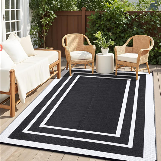OLANLY Outdoor Rug 8x10 ft Waterproof, Reversible Outdoor Plastic Straw Rug, RV Mat, Indoor Outdoor Carpet Clearance for Patio, Camping, Balcony, Deck, Backyard, Black & White