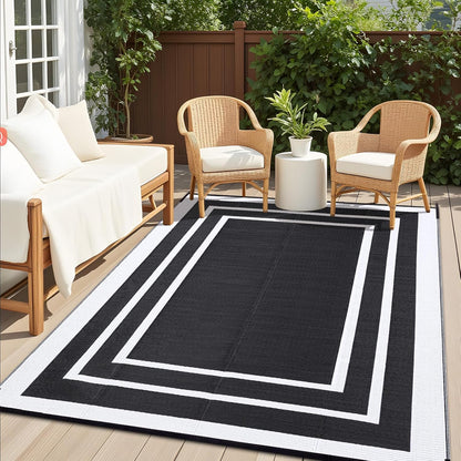 OLANLY Outdoor Rug 9x12 ft Waterproof, Reversible Outdoor Plastic Straw Rug, RV Mat, Indoor Outdoor Carpet Clearance for Patio, Camping, Balcony, Deck, Backyard, Black & White