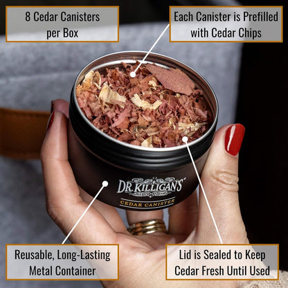 Dr. Killigan's Cedarwood Chip Canisters - Moth Repellent for Closets, Cedar Blocks for Clothes Storage, Drawer Deodorizers, 8 Reusable Tins with Wood Shavings