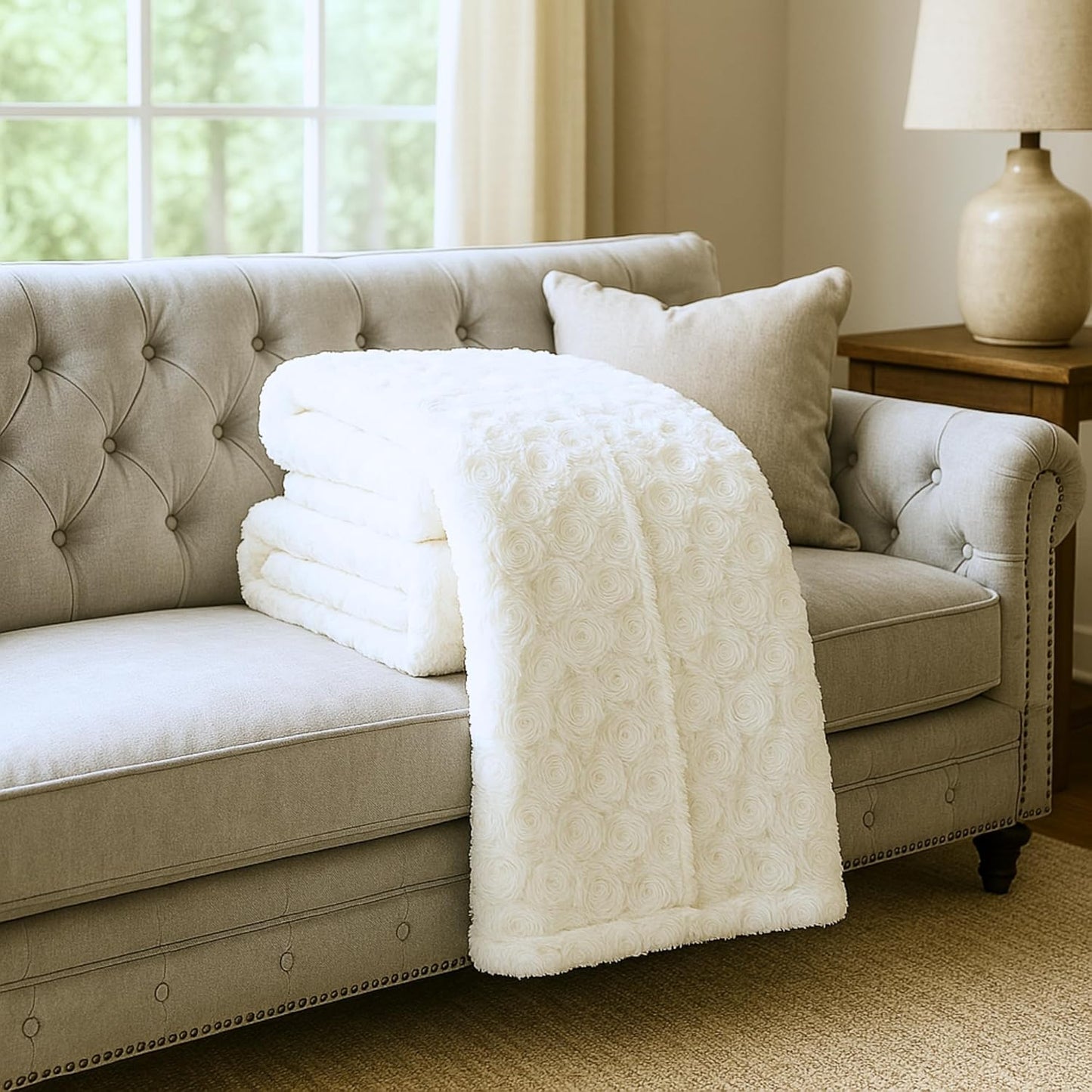 DaDa Bedding Luxury White Roses Fluffy and Cuddly Faux Fur with Sherpa Backside Fleece Cloud Throw Blanket - Super Soft Warm Plush Luxe Solid Toss for Sofa, Couch or Bed - 63" x 90"