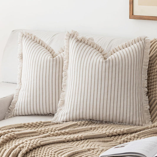 Throw Pillow Covers 26x26 Set of 2 Striped Fringe Pillow Cover Farmhouse Cushion Covers with Tassel Neutral Boho Pillows Decorative Square Pillowcase for Couch Sofa Bed, Khaki