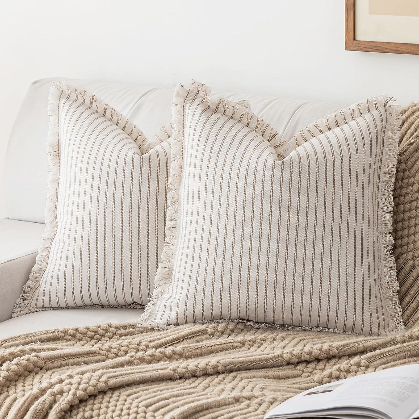 Throw Pillow Covers 24x24 Set of 2 Striped Fringe Pillow Cover Farmhouse Cushion Covers with Tassel Neutral Boho Pillows Decorative Square Pillowcase for Couch Sofa Bed, Khaki