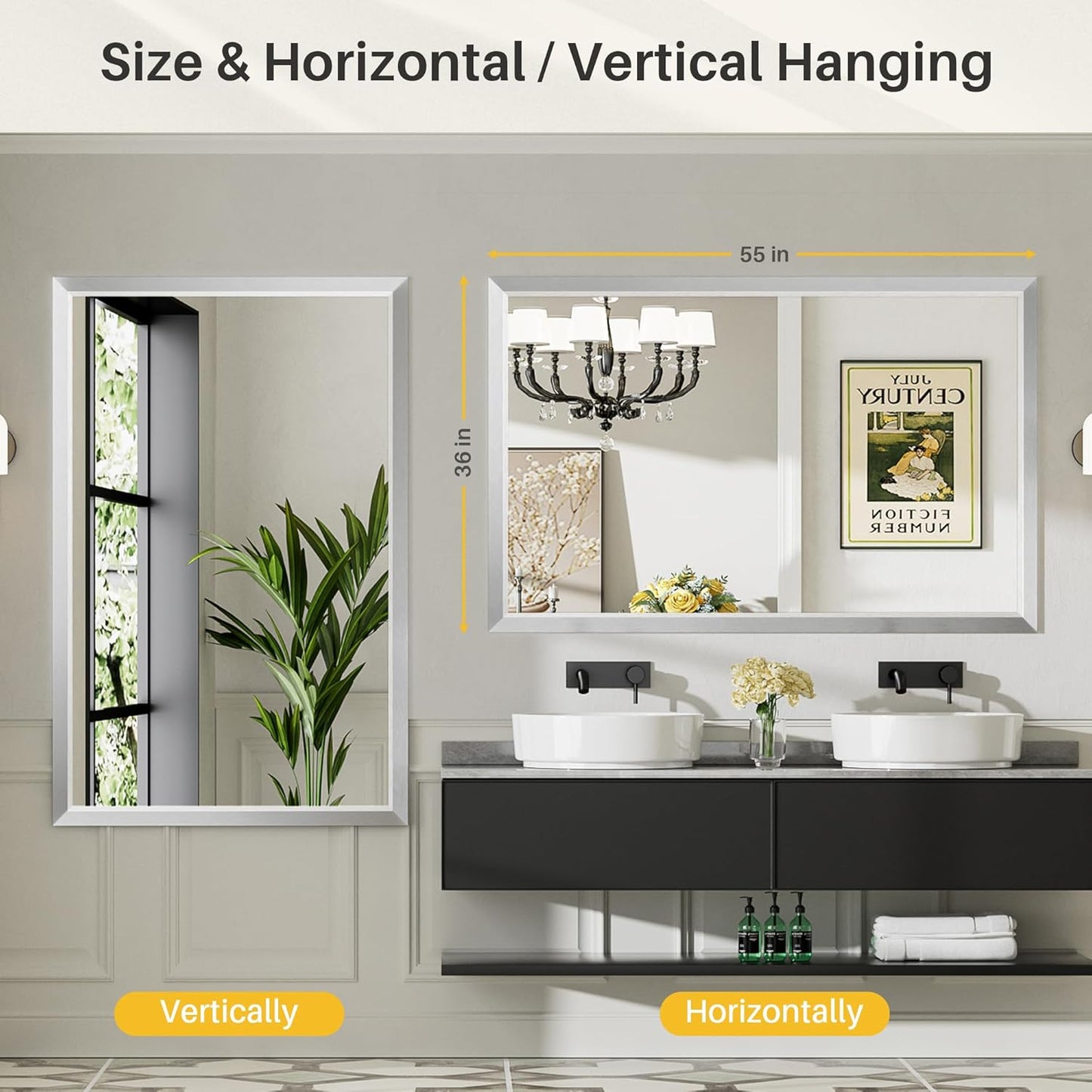 55x30 Inch Brushed Nickel Bathroom Mirror for Wall, Thick Metal Framed Rectangle Mirrors for Over Sink, Bedroom, Living Room, Entryway, Anti-Rust, HD Tempered Glass