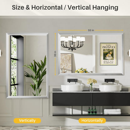 55x30 Inch Brushed Nickel Bathroom Mirror for Wall, Thick Metal Framed Rectangle Mirrors for Over Sink, Bedroom, Living Room, Entryway, Anti-Rust, HD Tempered Glass