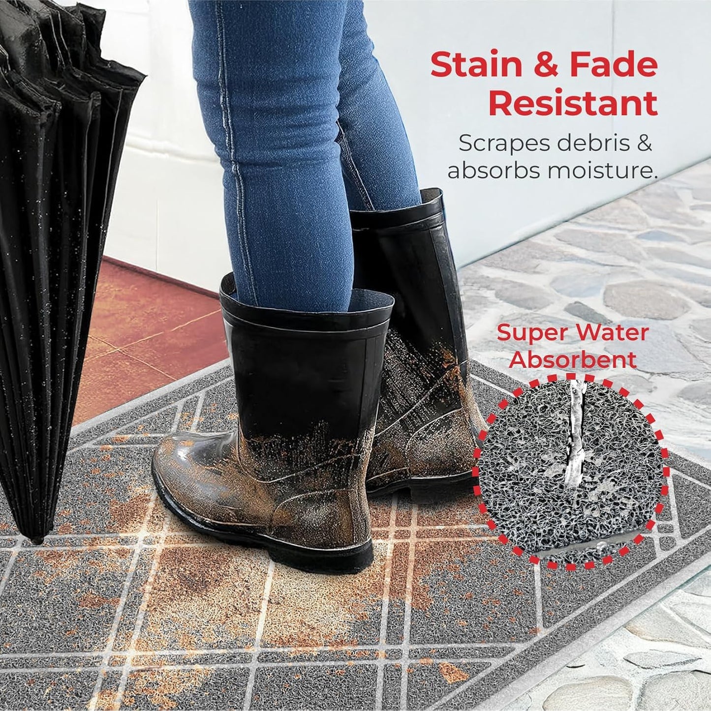 SlipToGrip Door Mat - Durable Door Outdoor Mats for High Traffic - Plaid Grey Mat with Water-Resistant Surface, Dura Loop - No-Slip and Easy-to-Clean for Indoor and Outdoor Entryway, 42 x 35 Inch