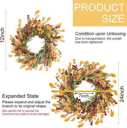 Artgar Fall Wreath, Fall Wreaths for Front Door, 24 in Fall Decor Floral Wreath, Door Wreaths for Front Door Outside All Season for Thanksgiving Home Indoor Outdoor Wall Decor (Red Orange Yellow)