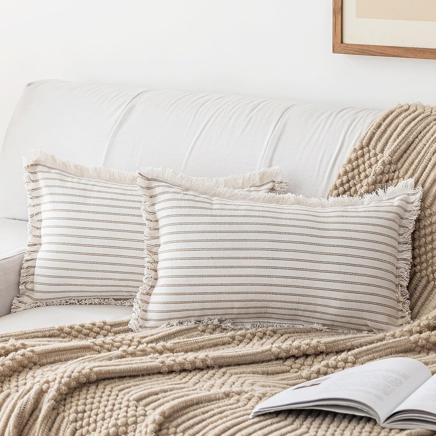 Throw Pillow Covers 12x20 Set of 2 Striped Fringe Pillow Cover Farmhouse Cushion Covers with Tassel Neutral Boho Pillows Decorative Square Pillowcase for Couch Sofa Bed, Khaki
