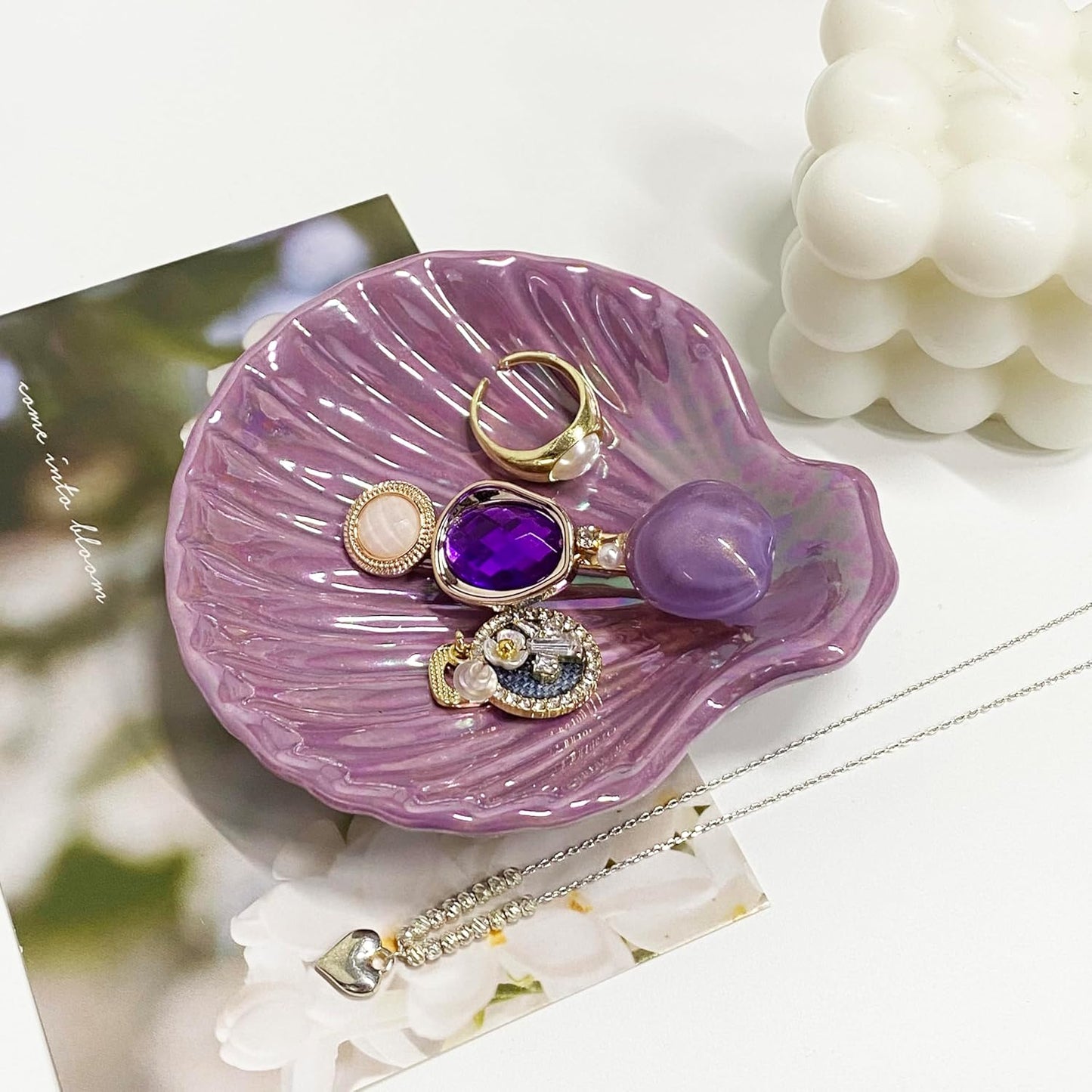 Shell Jewelry Ring Holder Dish, Cute Room Decor Seashell Jewelry Dish Tray, Small Ceramic Jewelry Plate Bowl, Engagement Ring Dish Trinket Dish, Wedding Jewelry Tray, 3.9", Purple Iridescent Surface