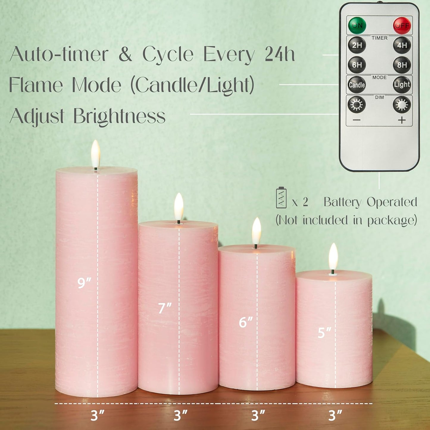 LUSHABOR Flameless Candles, 4 Pack Battery Operated Candles with Remote, Real Wax LED Fake Candles with Timer Flickering for Christmas Wedding Home Party D3 H 5" 6" 7" 9" Pink