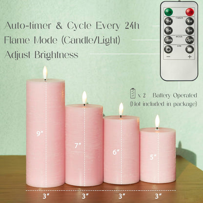 LUSHABOR Flameless Candles, 4 Pack Battery Operated Candles with Remote, Real Wax LED Fake Candles with Timer Flickering for Christmas Wedding Home Party D3 H 5" 6" 7" 9" Pink