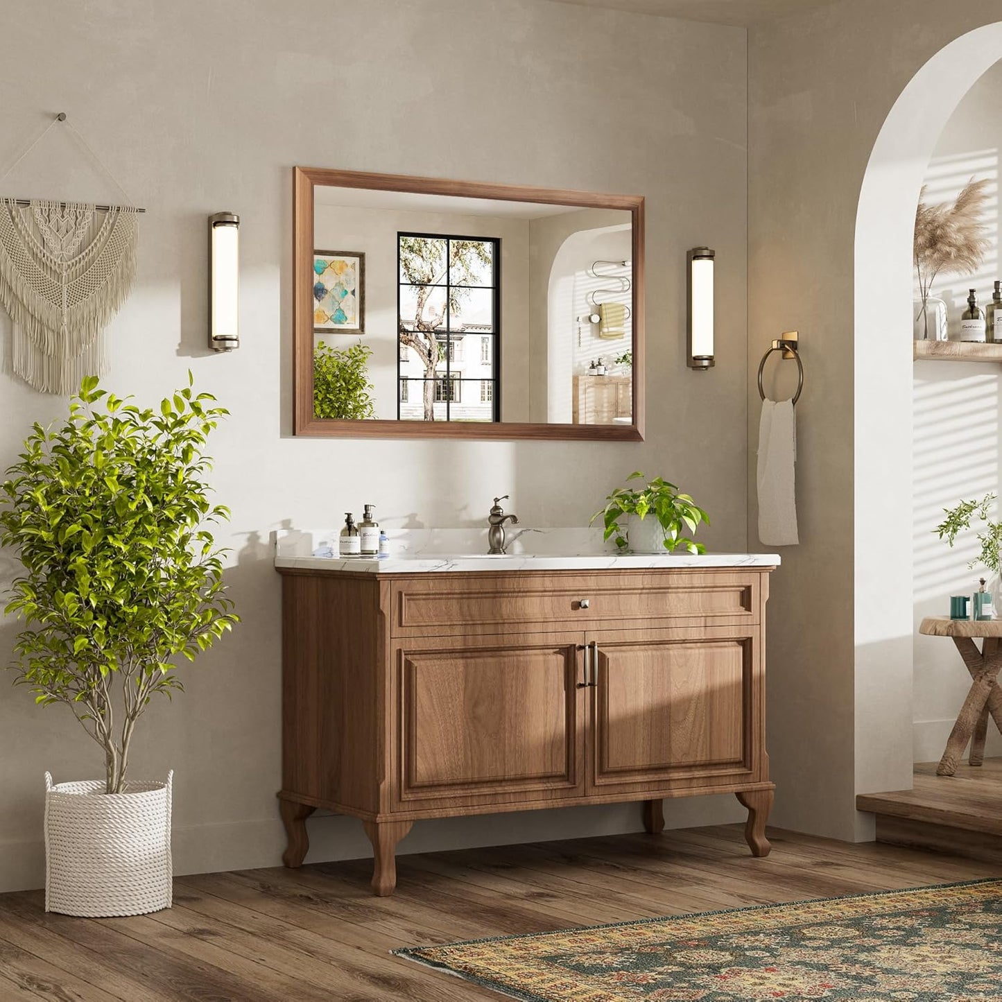 48x30 Inch Bathroom Mirror for Wall, Anti-Rust Walnut Wood Grain Metal Framed Bathroom Mirrors for Over Sink,Rectangler Mirrors for Bathroom Vanity, Farmhouse, Bedroom, Living Room, Entryway Decor