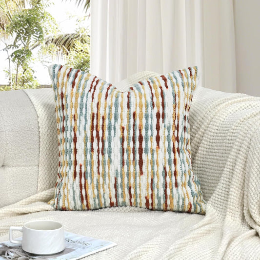 Boho Decorative Throw Pillow Covers 18x18 Inch, Chenille Tufted Pillow Cover Stripe Textured Square Farmhouse Accent Pillowcase for Couch Sofa Bedroom Living Room, Red White Khaki Grey 1 Pack