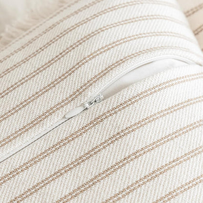 Throw Pillow Covers 12x20 Set of 2 Striped Fringe Pillow Cover Farmhouse Cushion Covers with Tassel Neutral Boho Pillows Decorative Square Pillowcase for Couch Sofa Bed, Khaki