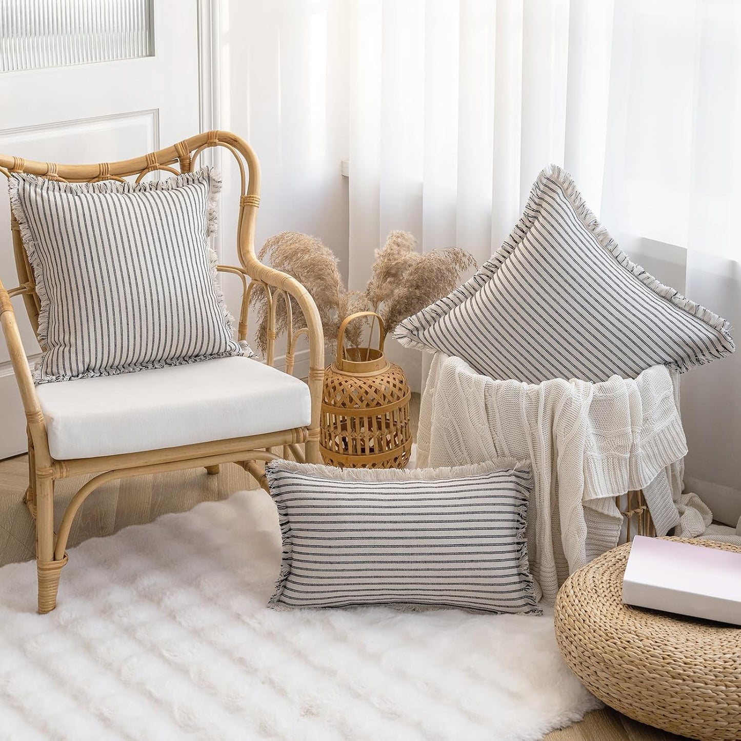 Throw Pillow Covers 26x26 Set of 2 Striped Fringe Pillow Cover Farmhouse Cushion Covers with Tassel Neutral Boho Pillows Decorative Square Pillowcase for Couch Sofa Bed, Black