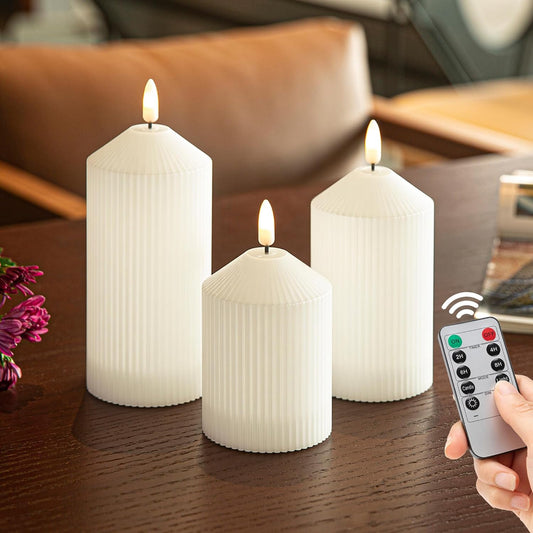 Flameless Candles with Remote, 3 Pack Battery Operated Candles Flickering Real Wax LED Fake Pillar Candles with Timer for Wedding Home Party, White