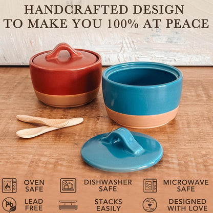 Mora Ceramic Salt and Pepper Cellar Set with Lid - 10 oz Modern Canister/Container/Bowl for Storage, Sea Salt, Spice, Sugar, Countertop - Small Dish/Jar with Wood Spoon, Azure Blue & Crimson Red Crock
