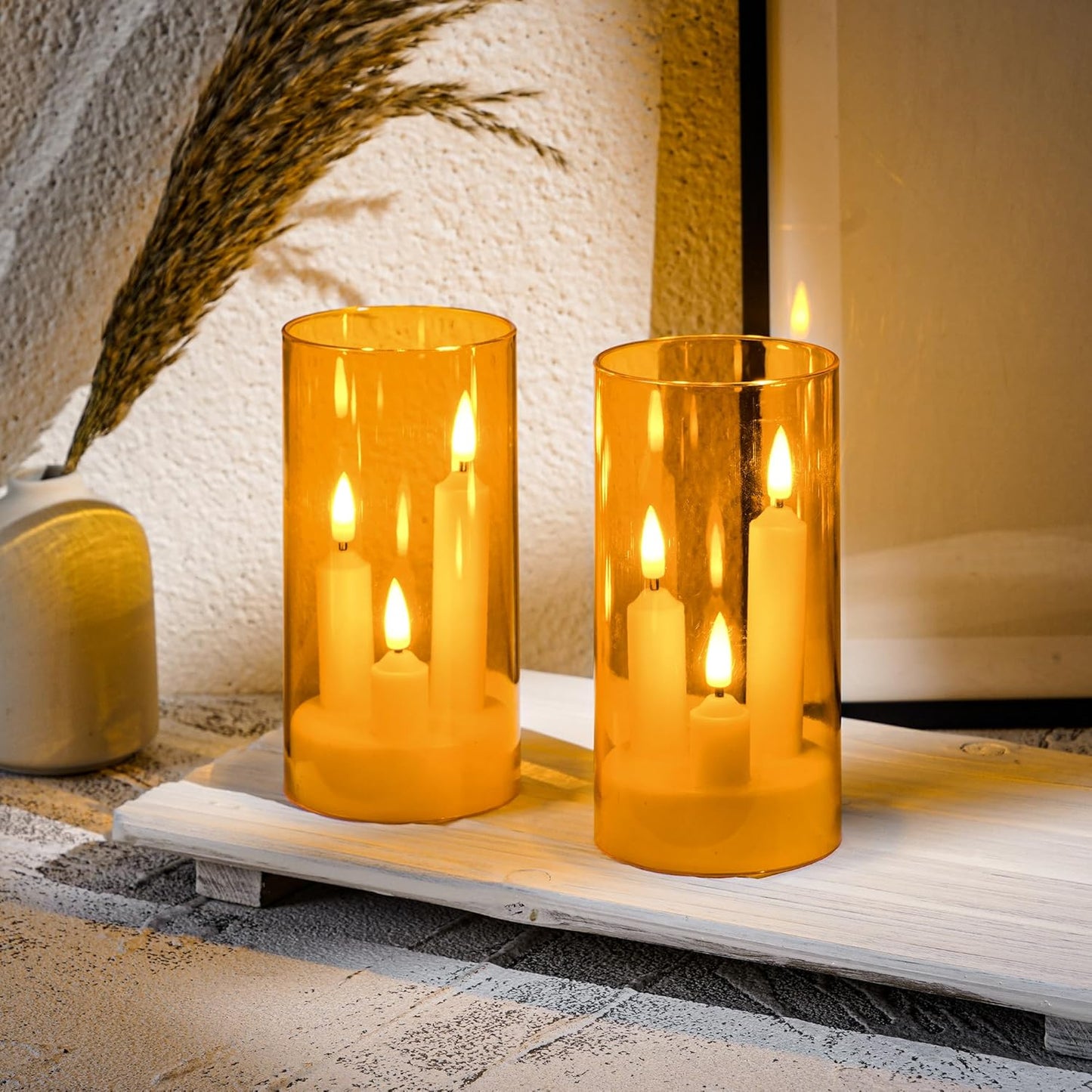 Da by LED Flameless Candles, Gold, Battery Operated with Remote and Timer, 3 Wicks Flameless Candles-2 Pack