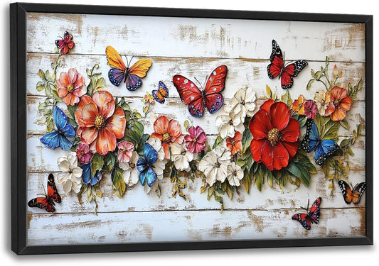 Olivine Flower Large Wall Art, Butterfly Pictures Wall Decor, Boho Painting, Rustic Wood Grain Canvas Prints, Framed Artwork for Dining Room Living Room Bedroom Bathroom Office Home Decor 36"x24"