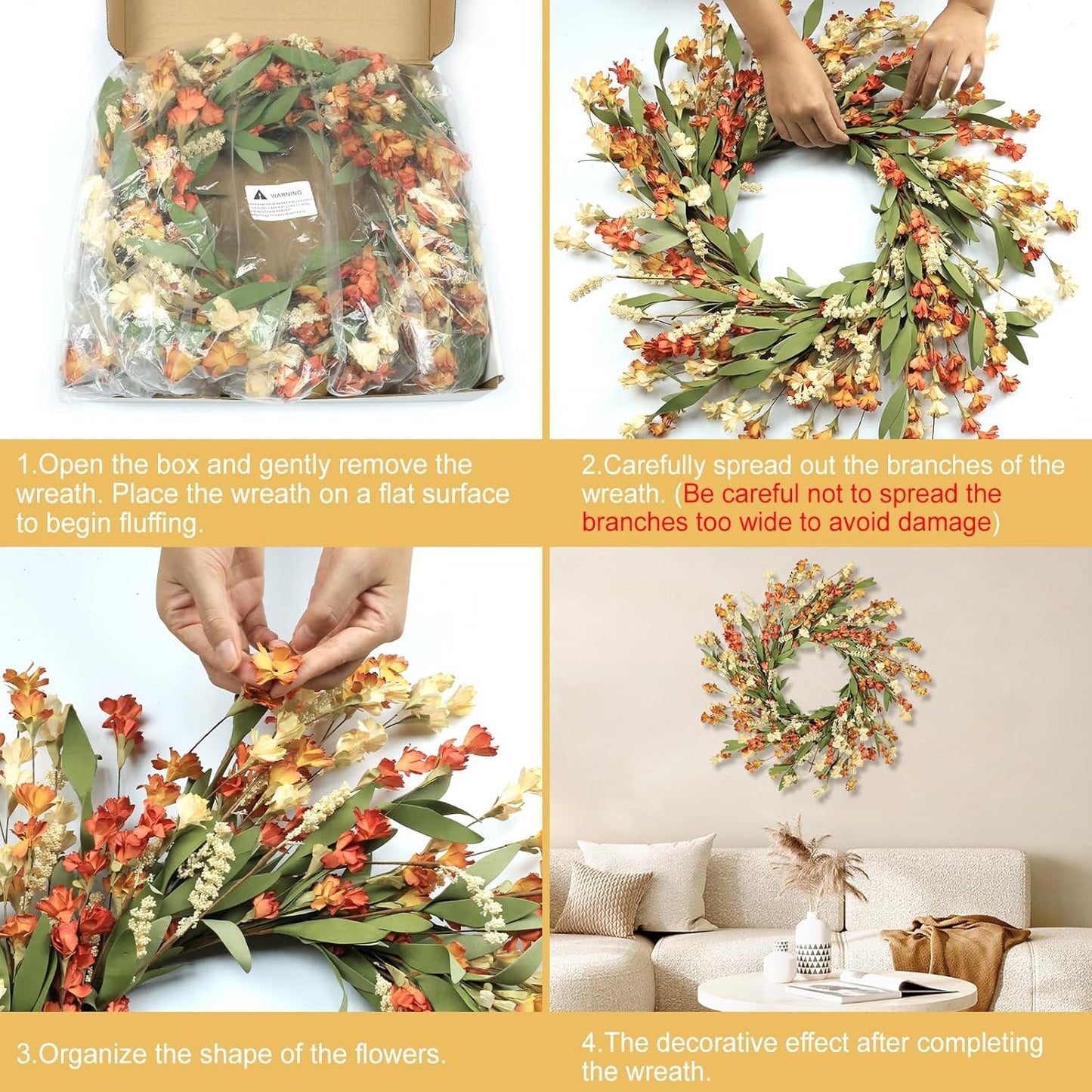 Artgar Fall Wreath, Fall Wreaths for Front Door, 24 in Fall Decor Floral Wreath, Door Wreaths for Front Door Outside All Season for Thanksgiving Home Indoor Outdoor Wall Decor (White Orange Yellow)